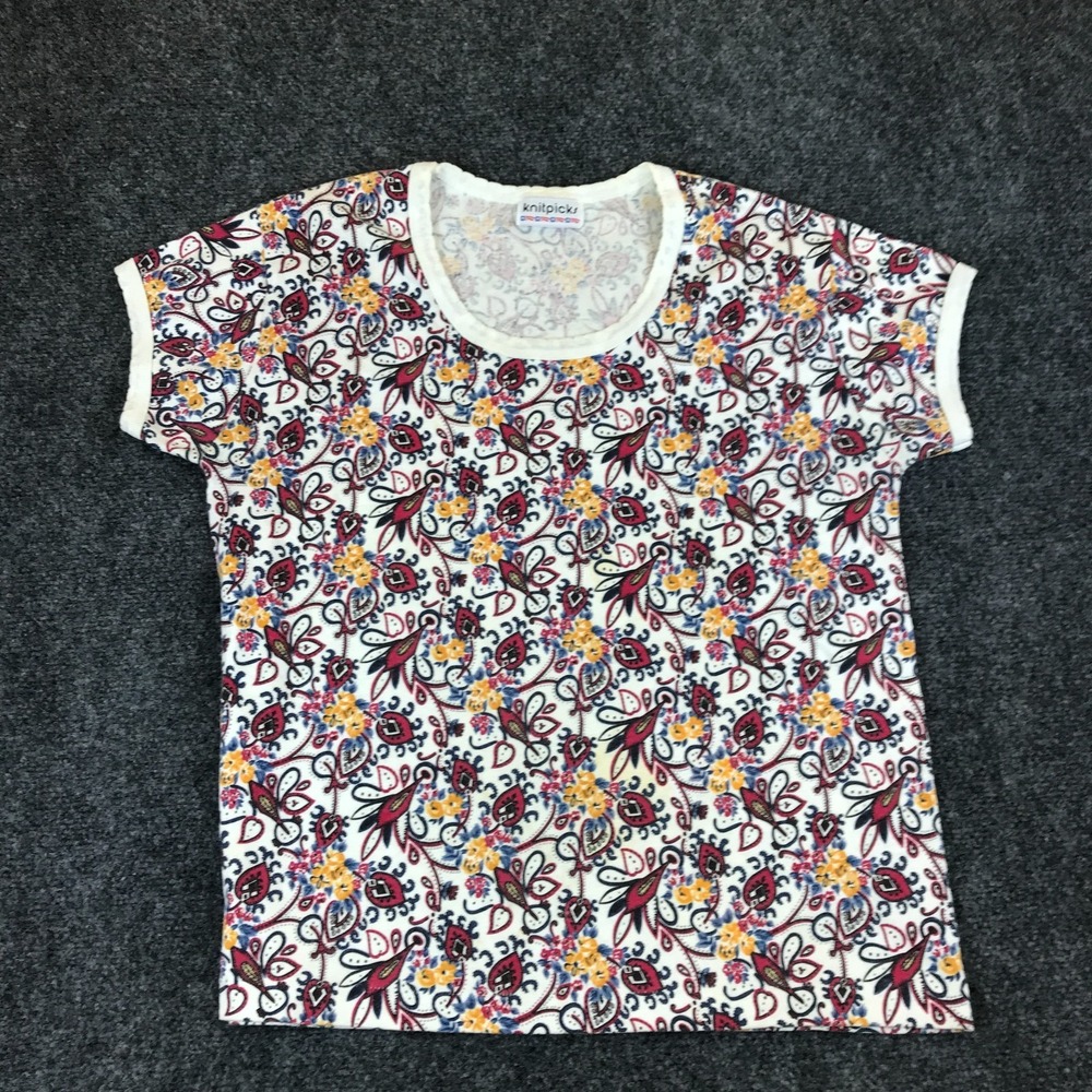 Vintage Knit Picks USA Floral Short Sleve Knit Top Womens M Cottagecore 90s READ